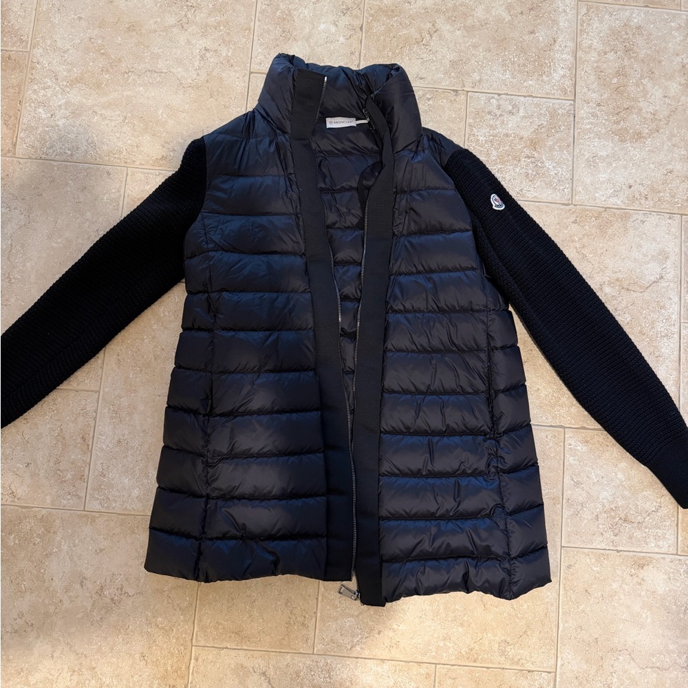 Moncler Black Puffer Jacket with Black Knit Sleeves